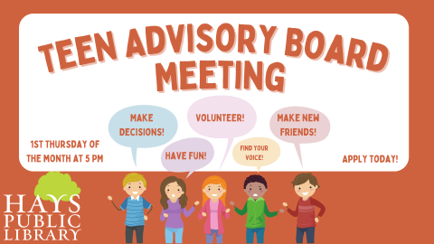 Teen Advisory Board.  Make Decisions!  Have Fun!  Volunteer!  Find Your Voice!  Make New Friends!  Apply today! 