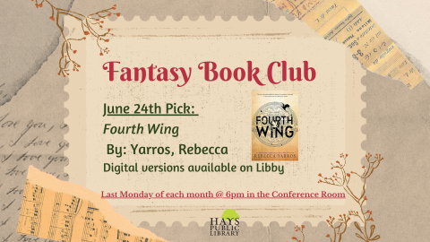 Fantasy Book Club.  Book Selection is Fourth Wing by Rebecca Yarros